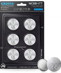 Kicking Performance Cr2016 3V Lithium Coin Cells Six Pack showing 6 coin cells on packaging suitable for automotive fobs and smart devices.