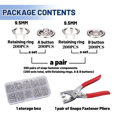 9.5mm Metal Snap Button Kit With Fastener Pliers 800 Pieces And 200 Sets For Clothing And DIY Projects