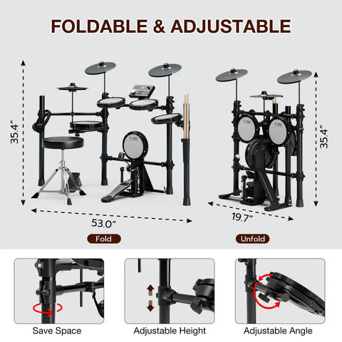 Foldable electronic drum set with kick pad and 225 sounds, 15 kits, 8 inch mesh snare, 3x 10 inch cymbals, USB MIDI, headphone out.