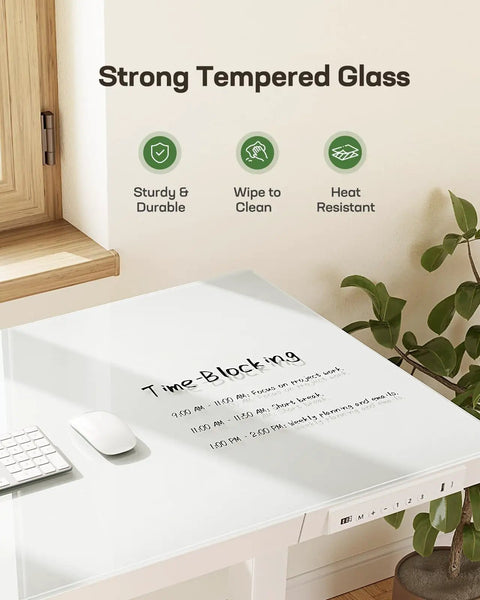 Glass Standing Desk With Drawer, 48 By 24 Inch Electric Height Adjustable Sit Stand Desk in White, glass top with writing