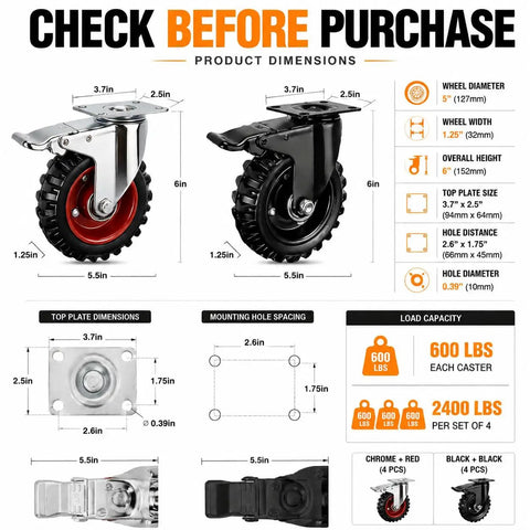 Tough As Nails Heavy Duty Caster Wheels With Dual Locking Brakes, 5 inch steel casters dimensions chart for workbenches.