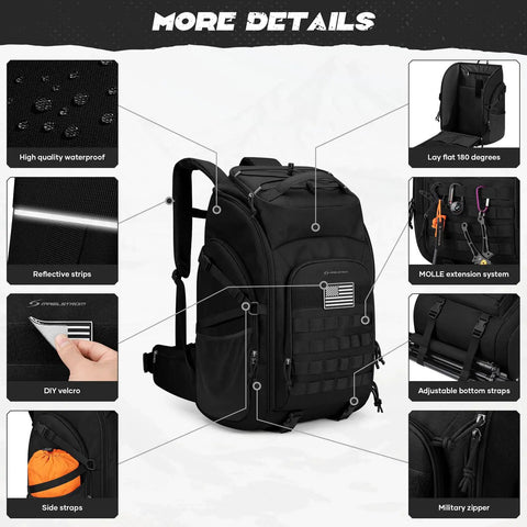 Tactical Backpack For Men 40L Water Resistant With Molle System For Hiking Camping And Gym showing design features and details.