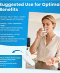 Woman taking Powerful Mood Boost Nootropic Blend With Lithium Orotate And L-Theanine capsule with water, suggested use guide.