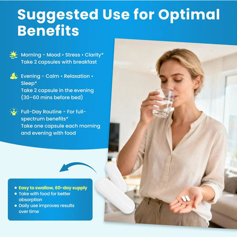 Woman taking Powerful Mood Boost Nootropic Blend With Lithium Orotate And L-Theanine capsule with water, suggested use guide.