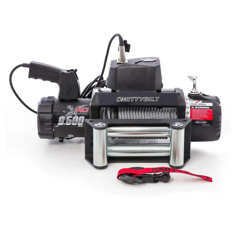 XRC Gen 2 9500lb Winch With Steel Cable For Heavy Duty Off Road Recovery 6.6HP Motor 12 Inch Remote Lead 93.5 Inch Wire Rope 3 Stage Gear Train Rugged All Terrain Beast For Jeeps And Trucks, front view with remote and hook
