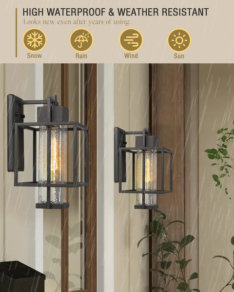 Outdoor Wall Light 1 Light Exterior Sconce In Black Finish With Bubble Glass Shade For Porch Patio Garden shown in rain.