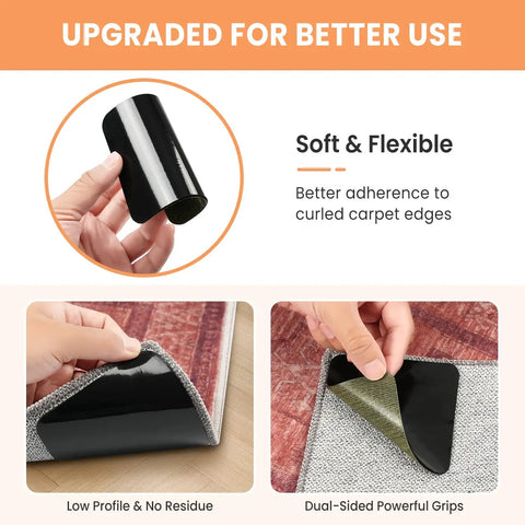 No Slip Rug Corner Grips 4 Pcs For Hardwood Floors And Tile showing dual-sided adhesive use and flexible material