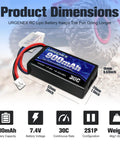 Beefy 7.4V LiPo Battery 2S 30C Burst 60C 900mAh With PH2.0 Plug for RC cars, product dimensions and features listed