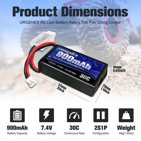 Beefy 7.4V LiPo Battery 2S 30C Burst 60C 900mAh With PH2.0 Plug for RC cars, product dimensions and features listed