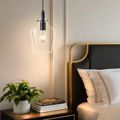 Kveosv 2 Pack Kitchen Island Pendant Lights, 8" Clear Glass Shade Black Modern Farmhouse Industrial Pendant Light Fixtures above bedside table.