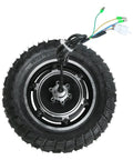 Built Different 10 Inch 48V 350W Brushless Hub Motor Wheel With Off Road Tire For Electric Scooter and Pit Bike Conversion top view showing wiring and tire details.