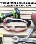 Over Glasses Safety Goggles With Anti Fog Clear Lens, ANSI Z87.1 Eye Protection For Lab Work, goggles with tools on wooden surface