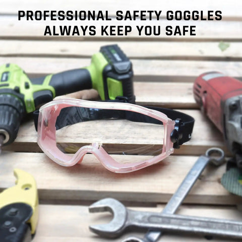Over Glasses Safety Goggles With Anti Fog Clear Lens, ANSI Z87.1 Eye Protection For Lab Work, goggles with tools on wooden surface