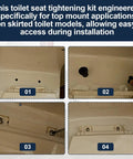 Hella Durable Top Mount Toilet Seat Hardware Kit For Skirted Toilets showing installation process for easy access with parts.