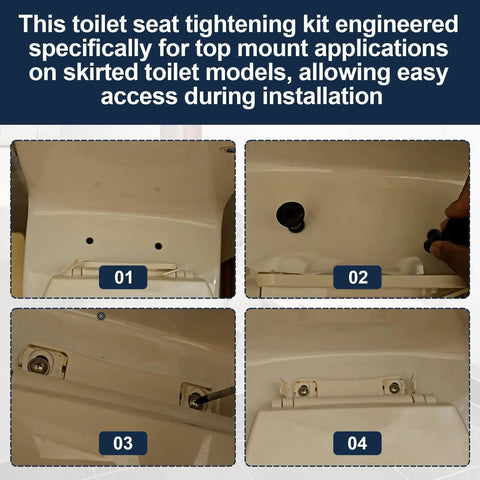Hella Durable Top Mount Toilet Seat Hardware Kit For Skirted Toilets showing installation process for easy access with parts.
