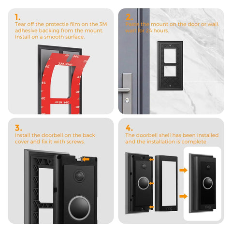 Step-by-step installation of Adhesive Video Doorbell Mount For Video Doorbell Wired 2021 Release with 3M backing and screws.