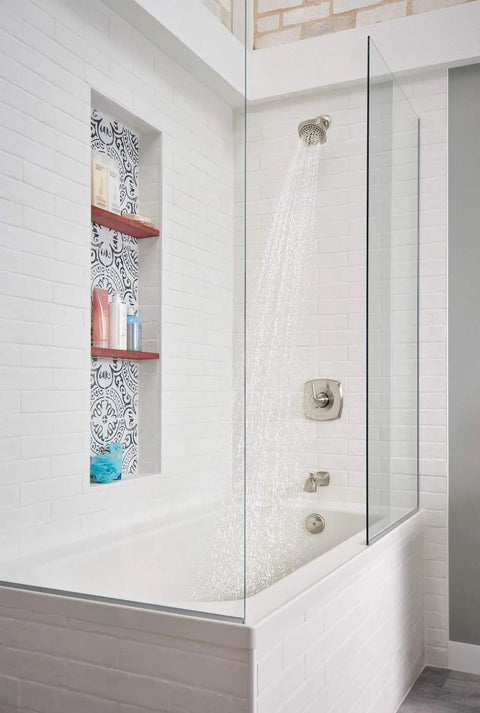 Parkwood Tub And Shower Trim Kit Brushed Nickel With 6 Function Shower Head For A Dope Shower Upgrade in modern bathroom setting.