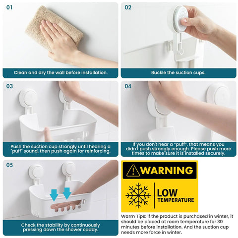 Installation process for Two Pack Shower Caddy With Built Tough Suction Cups For Inside Shower Removable Shelves Waterproof Plastic Storage For Shampoo And Toiletries Bathroom Essentials Holder White.