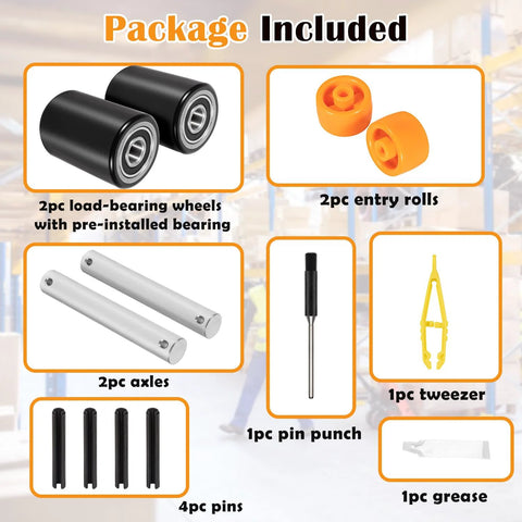 Front Load Pallet Jack Wheels Replacement Kit For PTH50, Pair Front Load Rollers 2.78 By 3.75 Inch, Preinstalled Bearings And Axles package