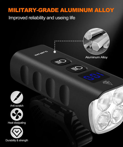Ultra Bright Bicycle Headlight For Night Riding with 2000 Lumen, aluminum body, showing anti-scratch and durability