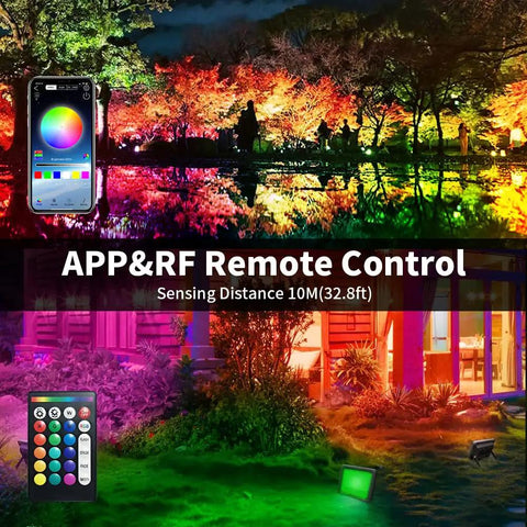 Outdoor RGBW Flood Light With App Control Waterproof 100W LED Color Changing 16 Million Colors illuminating garden at night