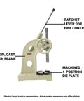 Professional Grade Three Ton Ratcheting Arbor Press with rigid cast iron frame and machined 4-position die plate.