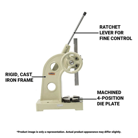 Professional Grade Three Ton Ratcheting Arbor Press with rigid cast iron frame and machined 4-position die plate.