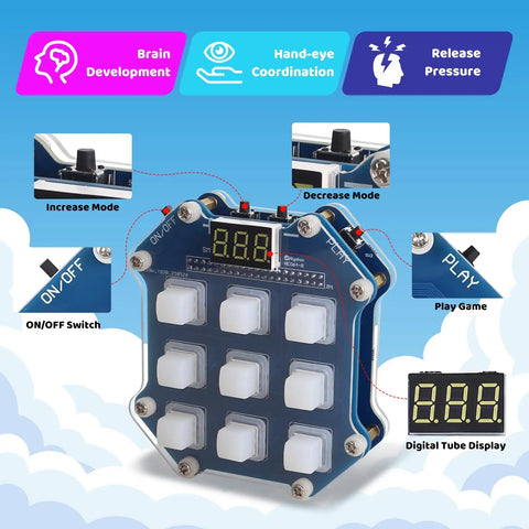 DIY Hands On Electronic Game Kit With 3 In 1 LED Game Soldering Project for interactive STEM practice, showing game interface.