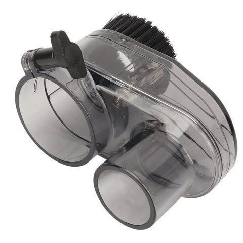 Pro Hustle 52mm Cnc Router Dust Shoe with Crystal Clear Shroud and Tough Nylon Bristles side view, showcasing dual openings and bristles.