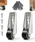 Built Tough Vertical Track Roller Wheels For Barn Doors And Cabinets Zero Wiggle Bottom Slide Guides With Rubber Treads Keeps Heavy Doors Running Smooth Without Sagging Set Of Two with screws and gloves.