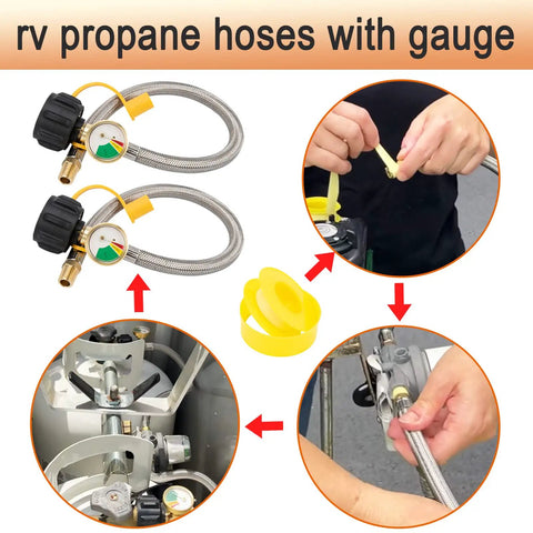 Rugged RV Propane Hose With Gauge Stainless Braided Camper Tank Connector shown with fittings and installation process