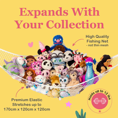 Two Pack Dope Stuffed Animal Hammock Net For Corner Storage holding assorted plush toys up to 12 lbs showing premium elastic net.