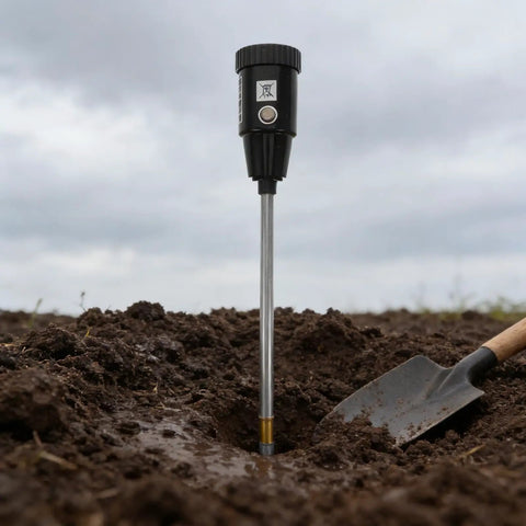 2-In-1 Soil Moisture Meter And PH Tester With A 12 Inch Probe, Portable Garden Tester inserted in soil beside a small shovel