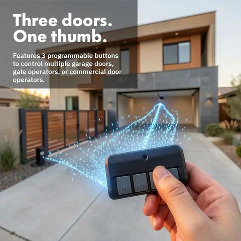 Hand holding Two Pack Universal Garage Door Opener Remote That Works With LiftMaster Chamberlain And Craftsman 1993 To Present