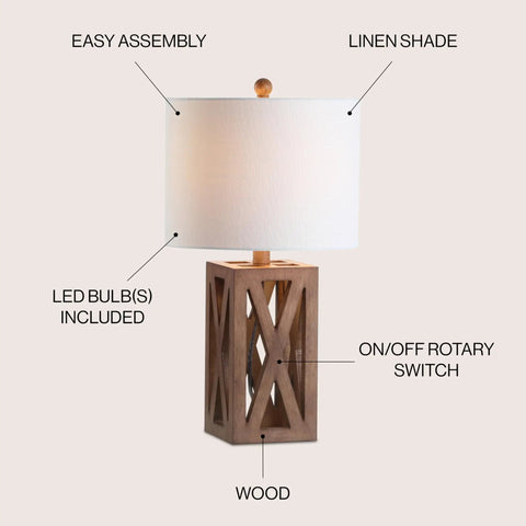 Brown Farmhouse Wood Table Lamp With White Linen Drum Shade 21.5 Inch Cozy Rustic Modern Bedside And Living Room Mood Light LED Bulb Included ETL Listed For Safety, highlighting wooden base and rotary switch.