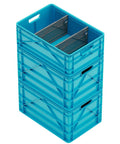 Heavy Duty Stackable Storage Bins With Standard Dividers Rock Solid Blue Plastic Crates For Garage And Closet stacked view with divider slots