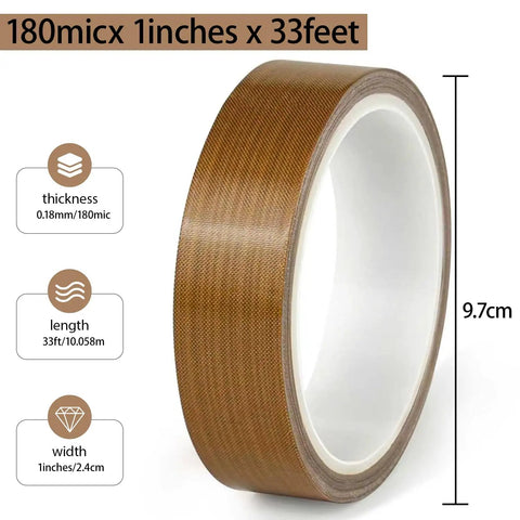 PTFE Coated Glass Cloth Tape 1 Inch By 33 Feet 0.18mm High Temperature Adhesive Tape for Vacuum Sealer Machines