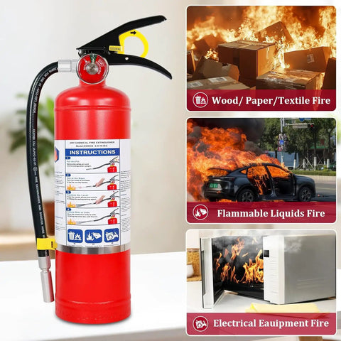Four Pack ABC Dry Chemical Fire Extinguishers Five Pound All In One Safety Kit with instructional details and fire types.