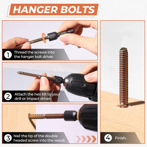 16 Pack One Quarter By Two Inch Hanger Bolts With Driver Bit Heavy Duty Threaded Fastener Kit For Furniture Build Out And Diy Projects No Sweat Assembly Rock Solid Grip Every Time assembly steps with bolts and driver tool.