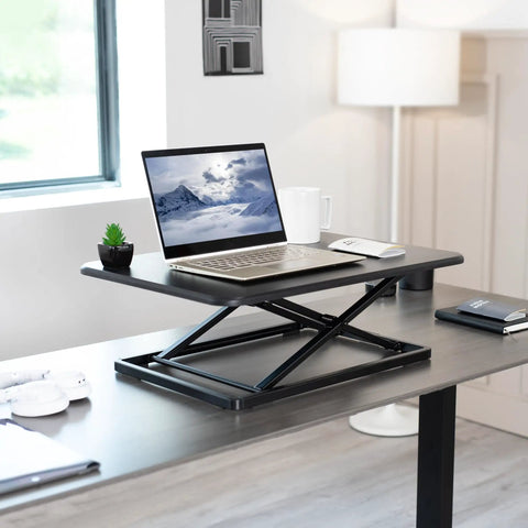 Ultra Slim Single Top Standing Desk Riser Height Adjustable Sit Stand Converter with laptop, black steel frame