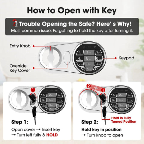 Diagram showing steps to open the Compact Kid Safe For Money With Digital Lock And Code Mini Safe Box For Cash And Personal Items At Home Pink Measures 6.69 By 9.05 By 6.69 Inches Fits Under Table Or Closet with a key.