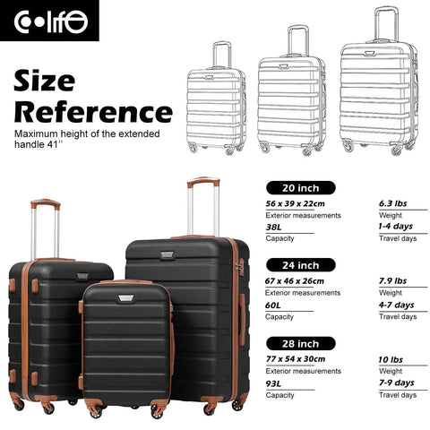 Coolife luggage 3-piece set: black hardshell suitcases with copper-brown trim and spinner wheels (20/24/28 in)