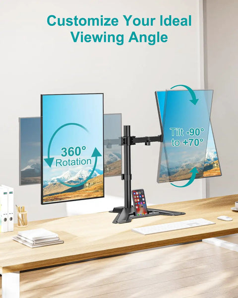 Dual Monitor Stand For 13 To 27 Inch Screens, Free Standing Full Motion Desk Mount, height adjustable, 360 rotation, office setup.