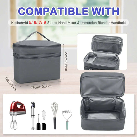 Swanky Double Layer Hand Mixer Case And Immersion Blender Storage Bag With Solid Carry Handle Slick Portable Travel Organizer For Kitchen Mixing Gear Gray shown with measurements and interior pocket.