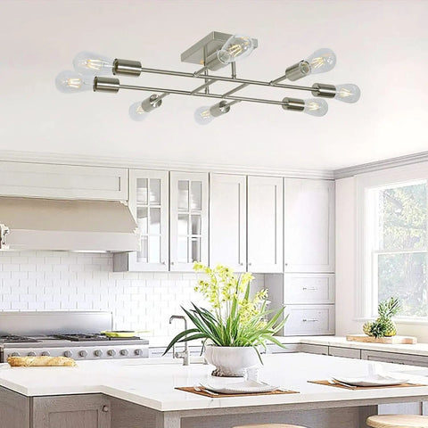 8 Light Modern Sputnik Ceiling Light In Brushed Nickel, Vintage Metal Chandelier in kitchen