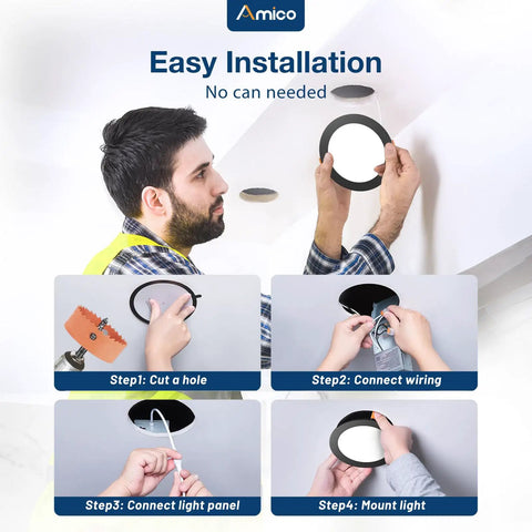 Installation guide for Twelve Pack Ultra Thin LED Recessed Ceiling Lights With J Box Five CCT Selectable 2700K 3000K 3500K 4000K 5000K Dimmable Canless Downlight 12W Equivalent To 110W 1050 Lumens Black ETL
