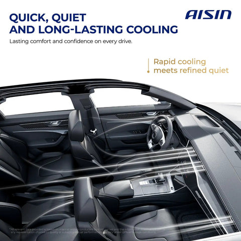 Precision Engineered Aftermarket AC Compressor With Heavy Duty Clutch Built For Seamless Cooling And Rock Solid Performance Easy Plug And Play Upgrade That Stays Frosty Way Past Summer in vehicle interior with cooling airflow visualization.