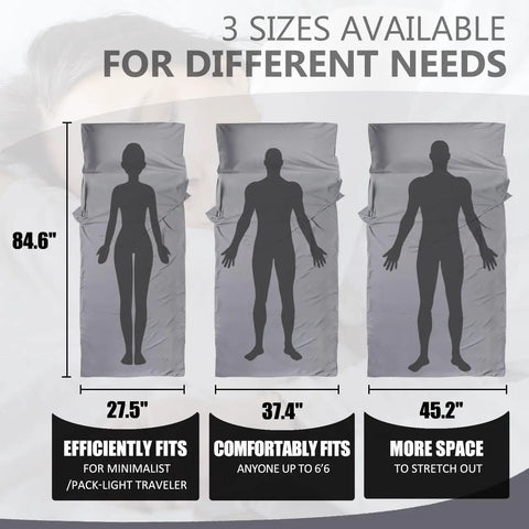 Ultralight Sleeping Bag Liner Travel Sheet Three Size Options for Backpacking Camping Hotels and Hostels gray with silhouettes
