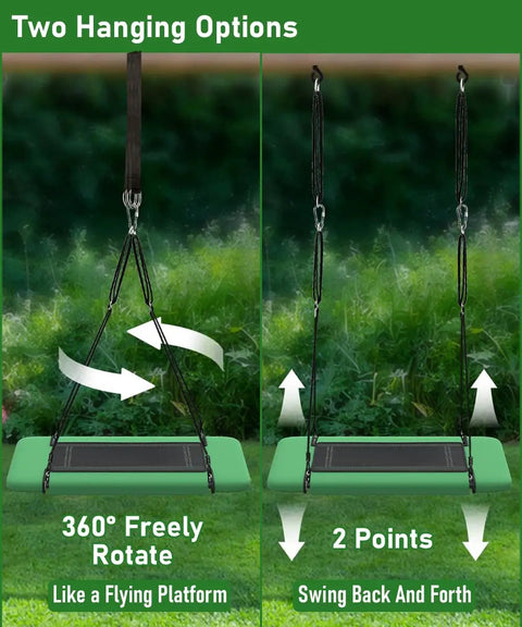 60 Inch Rectangular Tree Swing with two hanging options, adjustable platform, green and black, for kids and adults, backyard use.