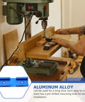 Heavy Duty Alloy Miter Track Connector In Sleek Anodized Blue For Seamless Woodworking Routing, shown in use on a drill press.